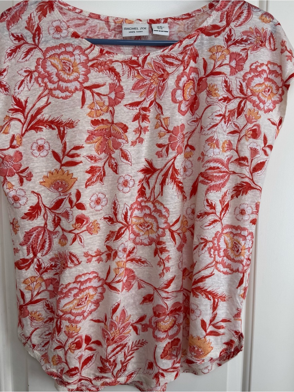 Rachel Zoe 100% Linen Floral Cap Sleeve Blouse M Red Coral Orange